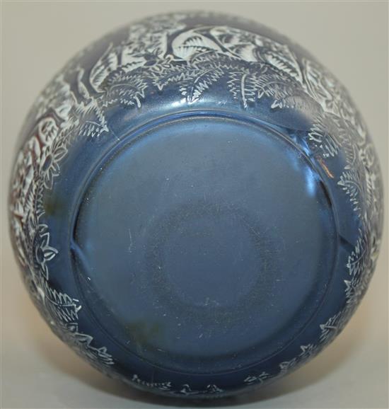 A Rene Lalique Biches cobalt blue glass vase, introduced 1932, 17cm, extensive cracks